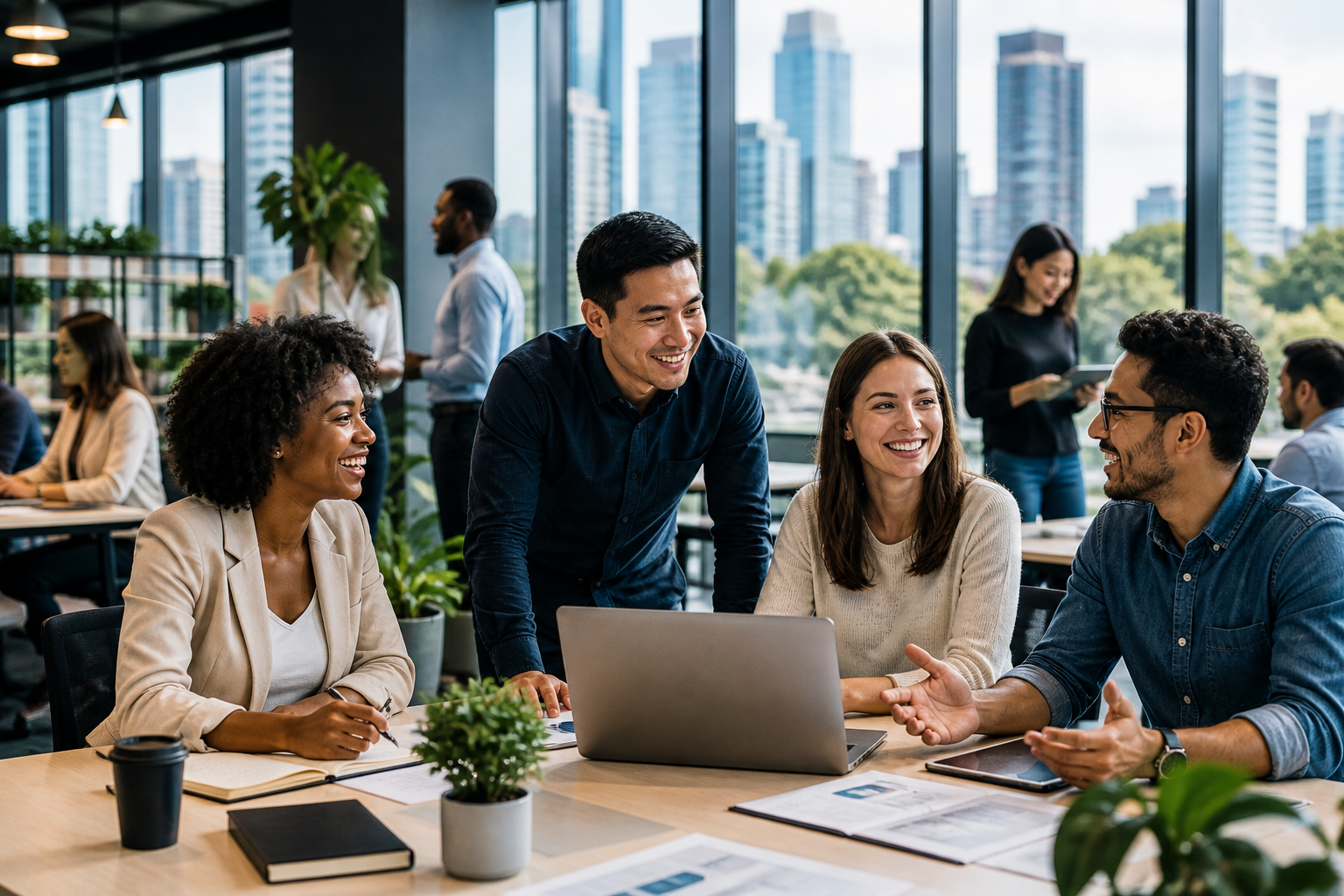 Diverse team of young professionals laughing around a laptop with a city skyline behind them